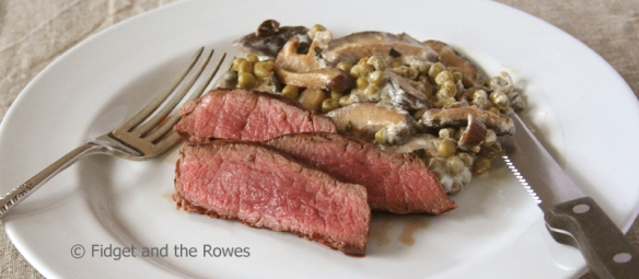 steak with shitake mushrooms and peas